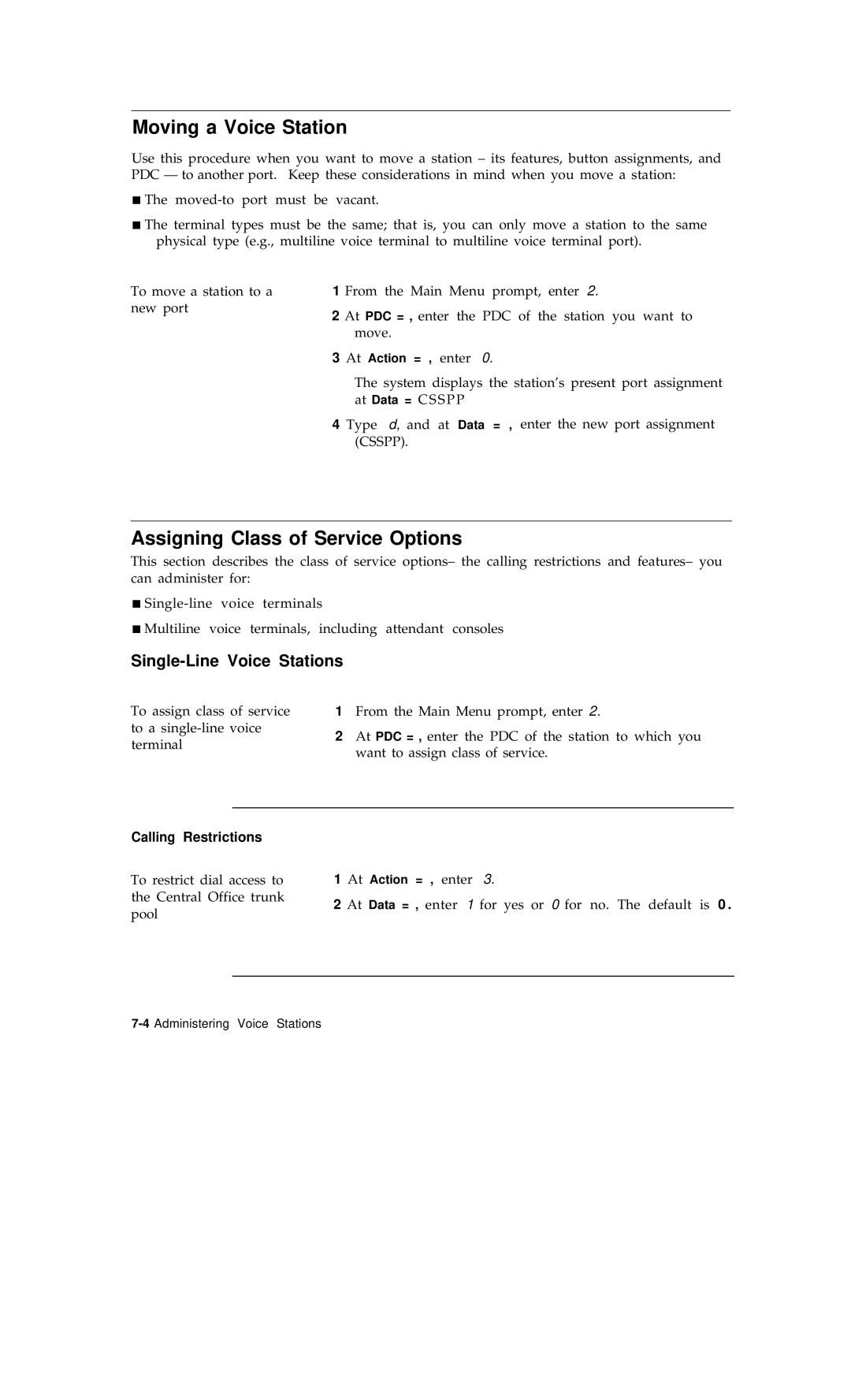 AT&T R1V2 manual Moving a Voice Station, Assigning Class of Service Options, Calling Restrictions 