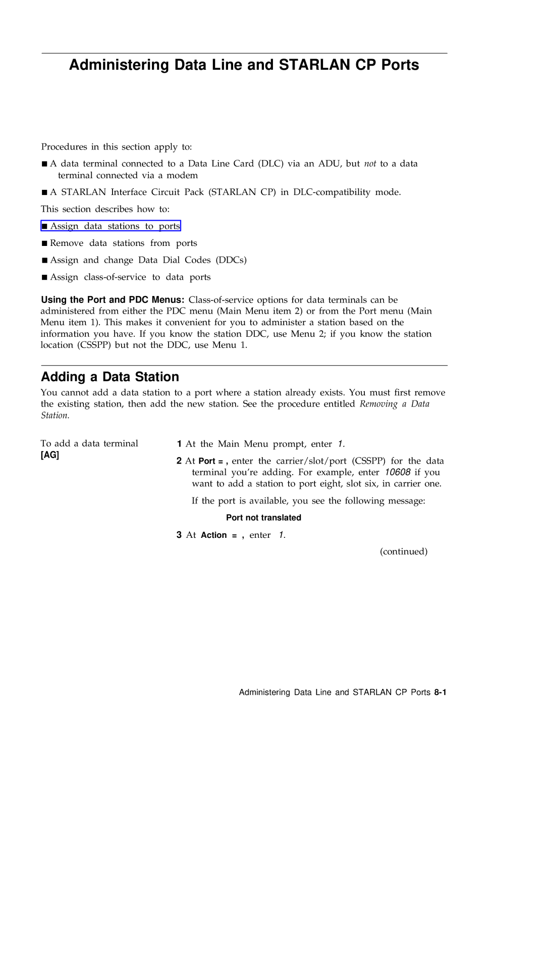 AT&T R1V2 manual Administering Data Line and Starlan CP Ports, Adding a Data Station 