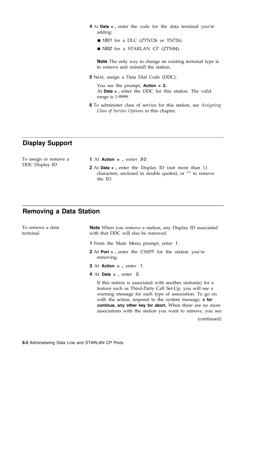 AT&T R1V2 manual Display Support, Removing a Data Station 