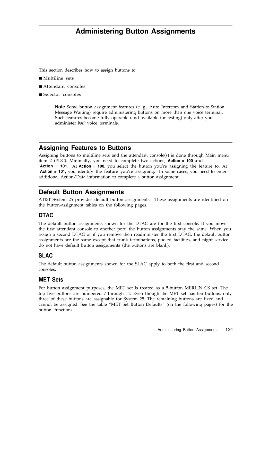 AT&T R1V2 manual Administering Button Assignments, Assigning Features to Buttons, Default Button Assignments, MET Sets 