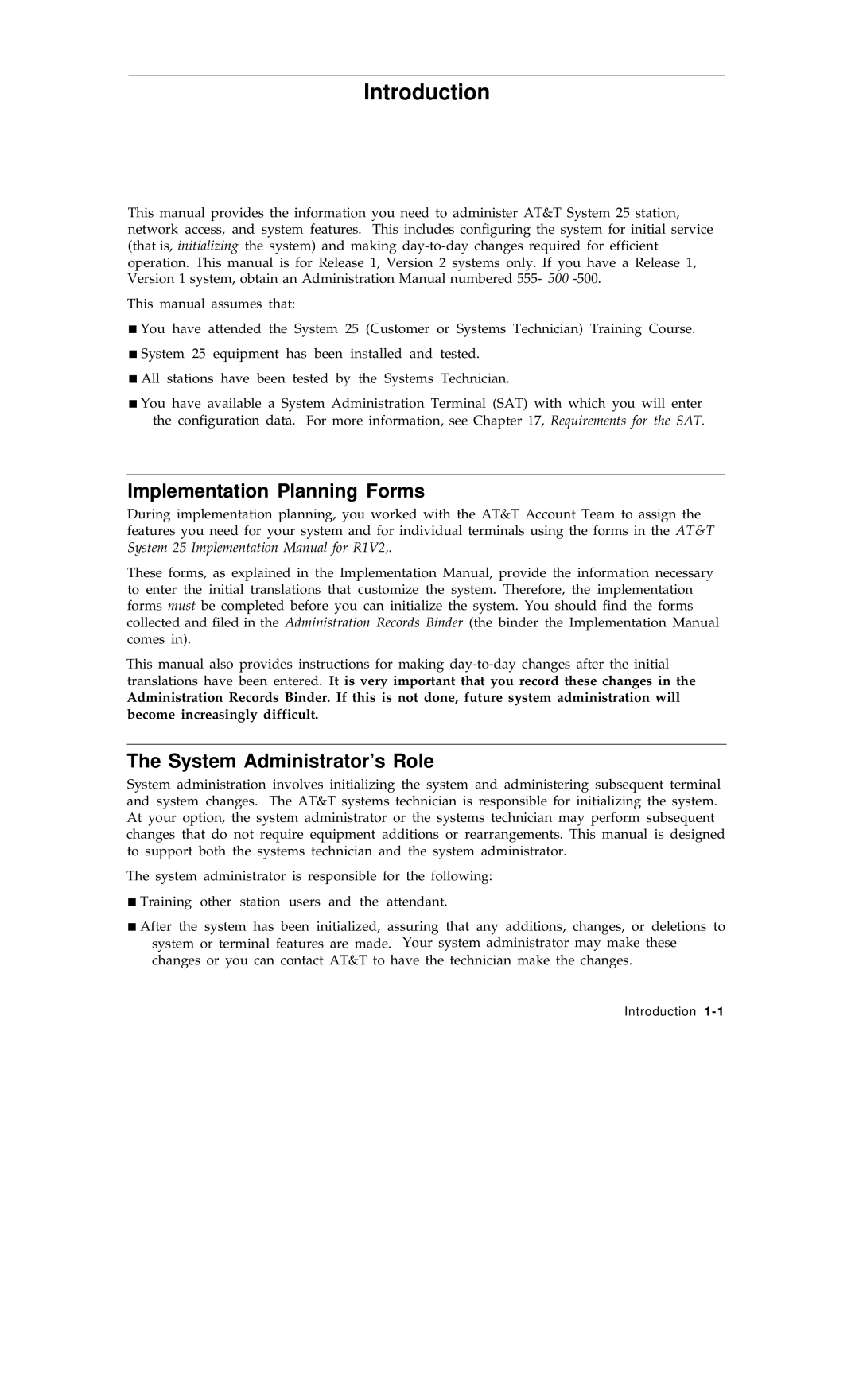 AT&T R1V2 manual Introduction, Implementation Planning Forms, System Administrator’s Role 