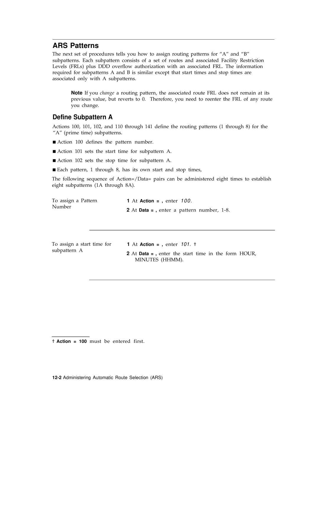 AT&T R1V2 manual ARS Patterns, Define Subpattern a 