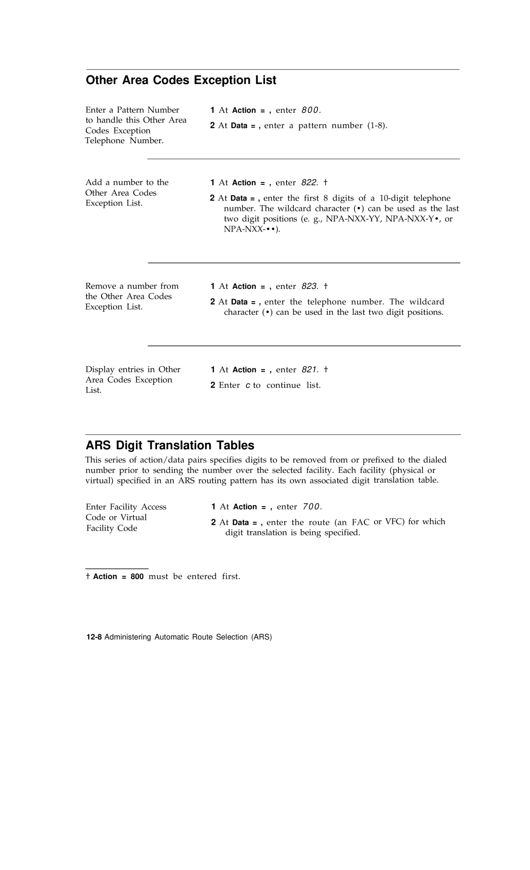 AT&T R1V2 manual Other Area Codes Exception List, ARS Digit Translation Tables 