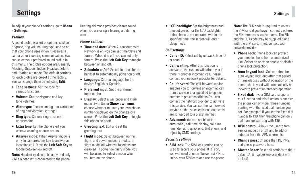 AT&T R225 user manual Settings 