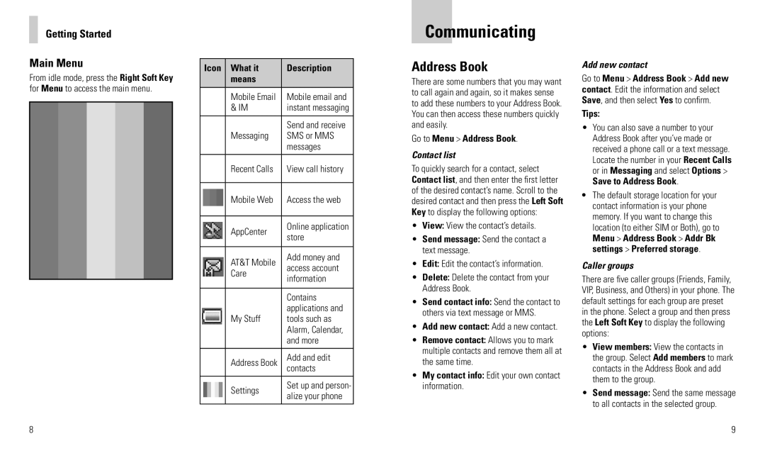 AT&T R225 user manual Communicating, Address Book, Getting Started Main Menu 