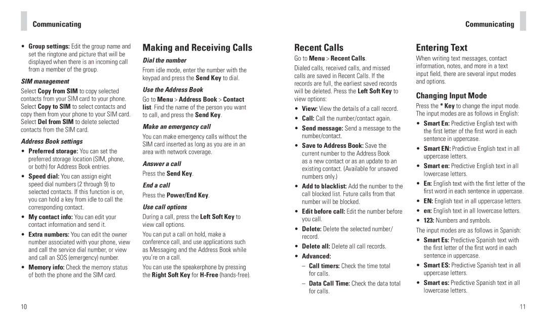 AT&T R225 user manual Making and Receiving Calls, Recent Calls, Entering Text, Communicating, Changing Input Mode 