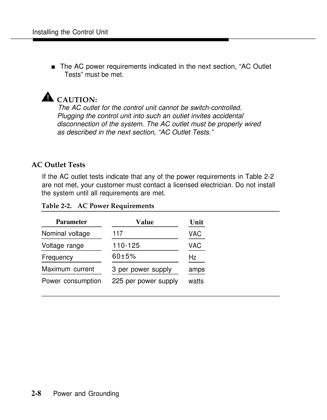 AT&T Release 2.0 manual AC Outlet Tests, AC Power Requirements Parameter Value Unit 