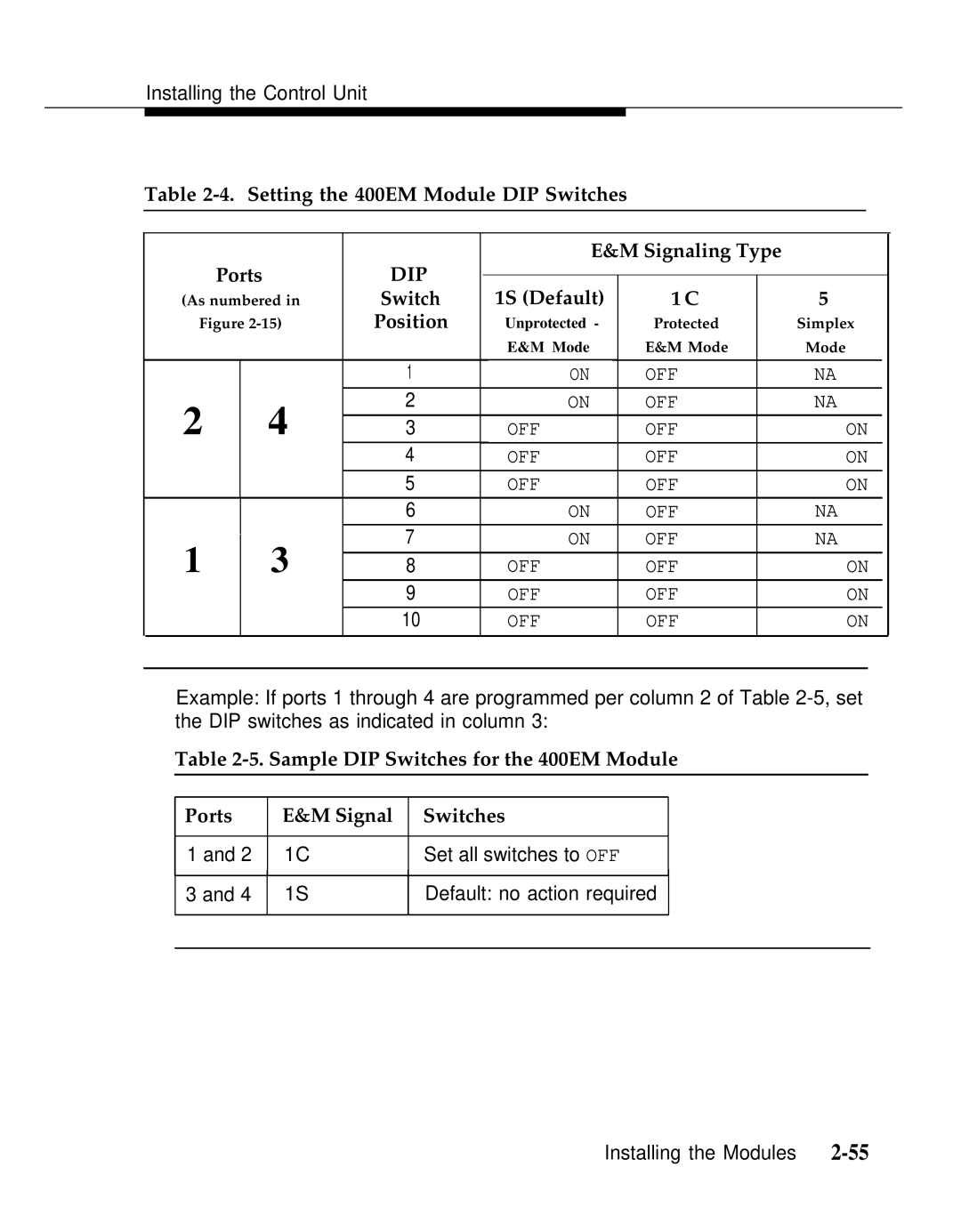 AT&T Release 2.0 manual Setting the 400EM Module DIP Switches, Signaling Type Ports 1S Default, Switch Position 