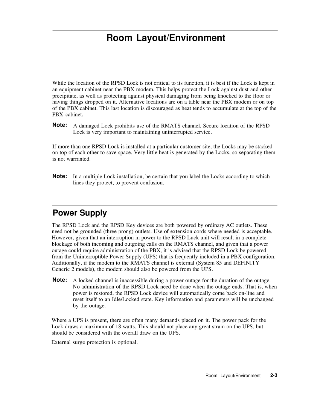 AT&T Remote Port Security Device user manual Room Layout/Environment, Power Supply 