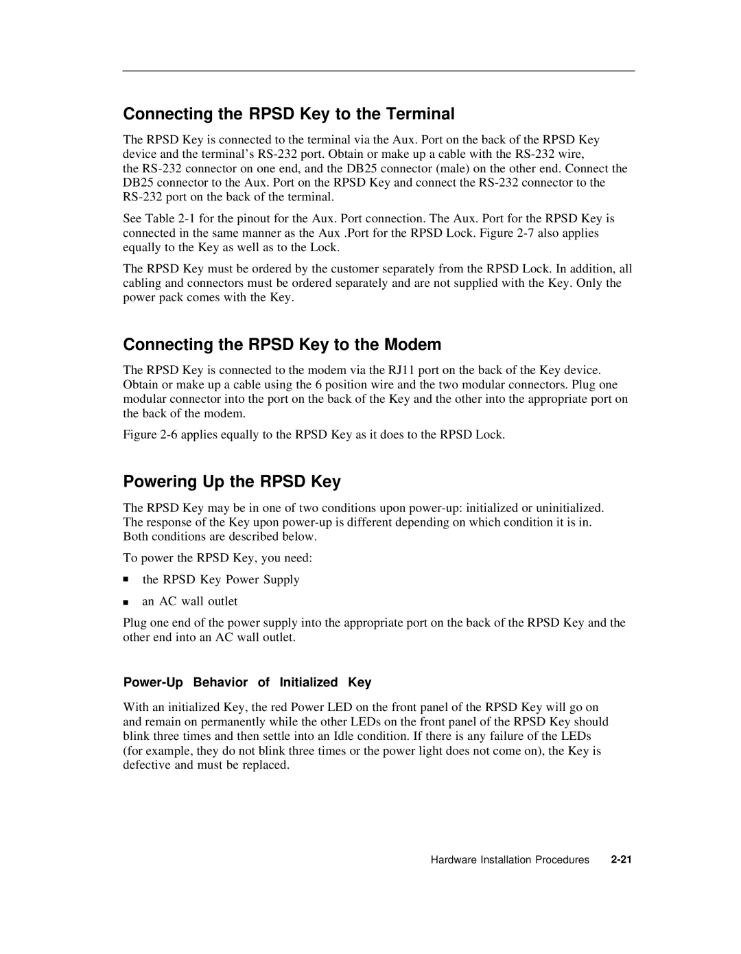 AT&T Remote Port Security Device user manual Connecting the Rpsd Key to the Terminal, Connecting the Rpsd Key to the Modem 