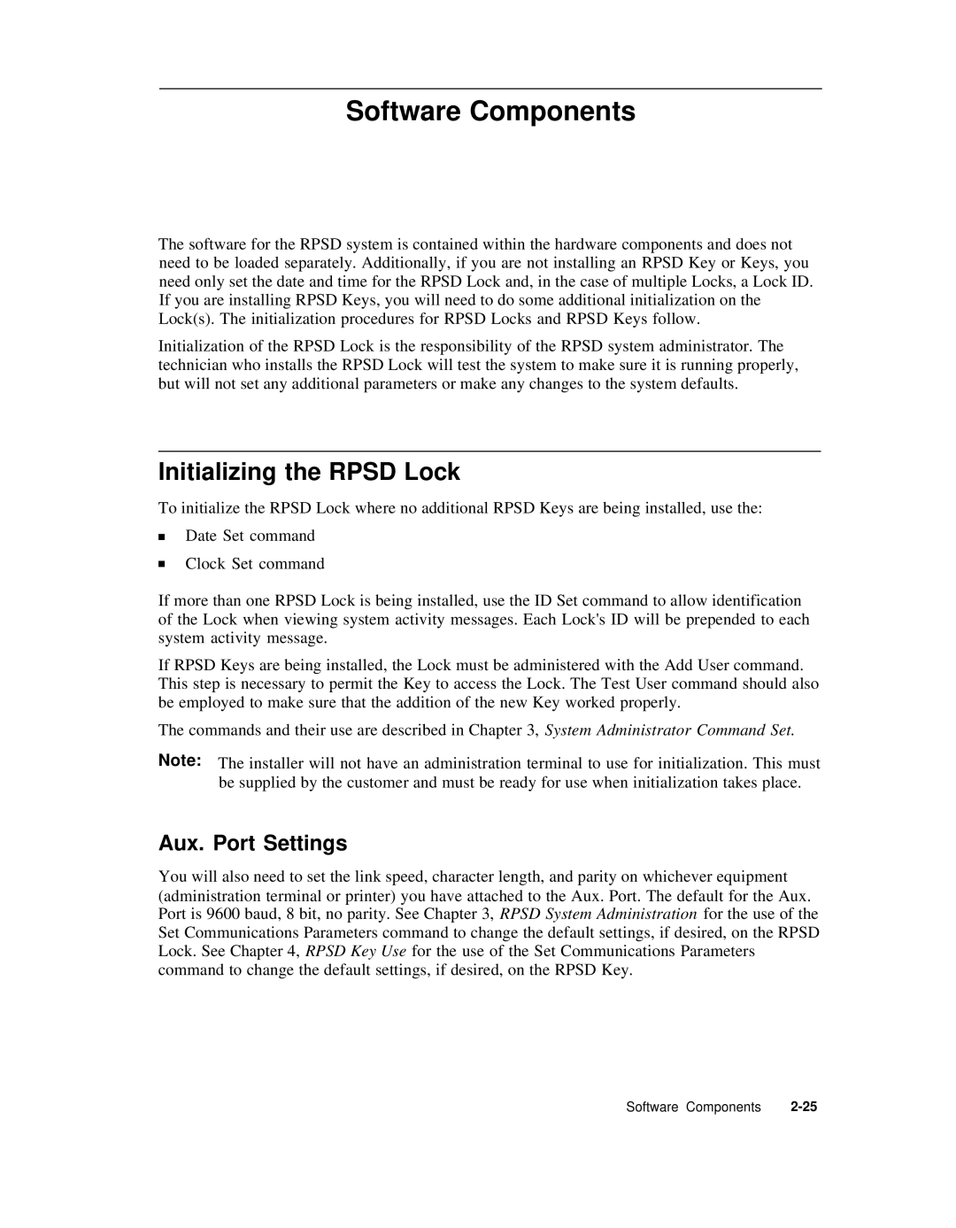 AT&T Remote Port Security Device user manual Software Components, Initializing the Rpsd Lock, Aux. Port Settings 