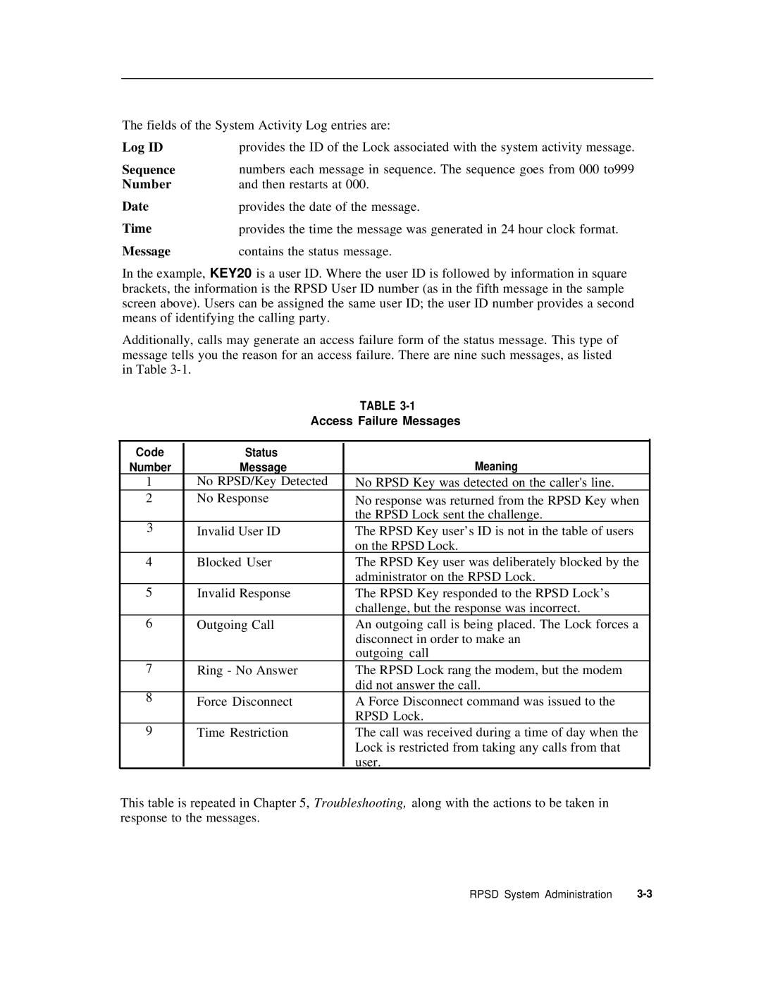 AT&T Remote Port Security Device user manual Fields of the System Activity Log entries are 