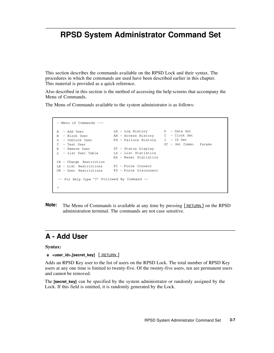 AT&T Remote Port Security Device user manual Rpsd System Administrator Command Set, Add User, Syntax 