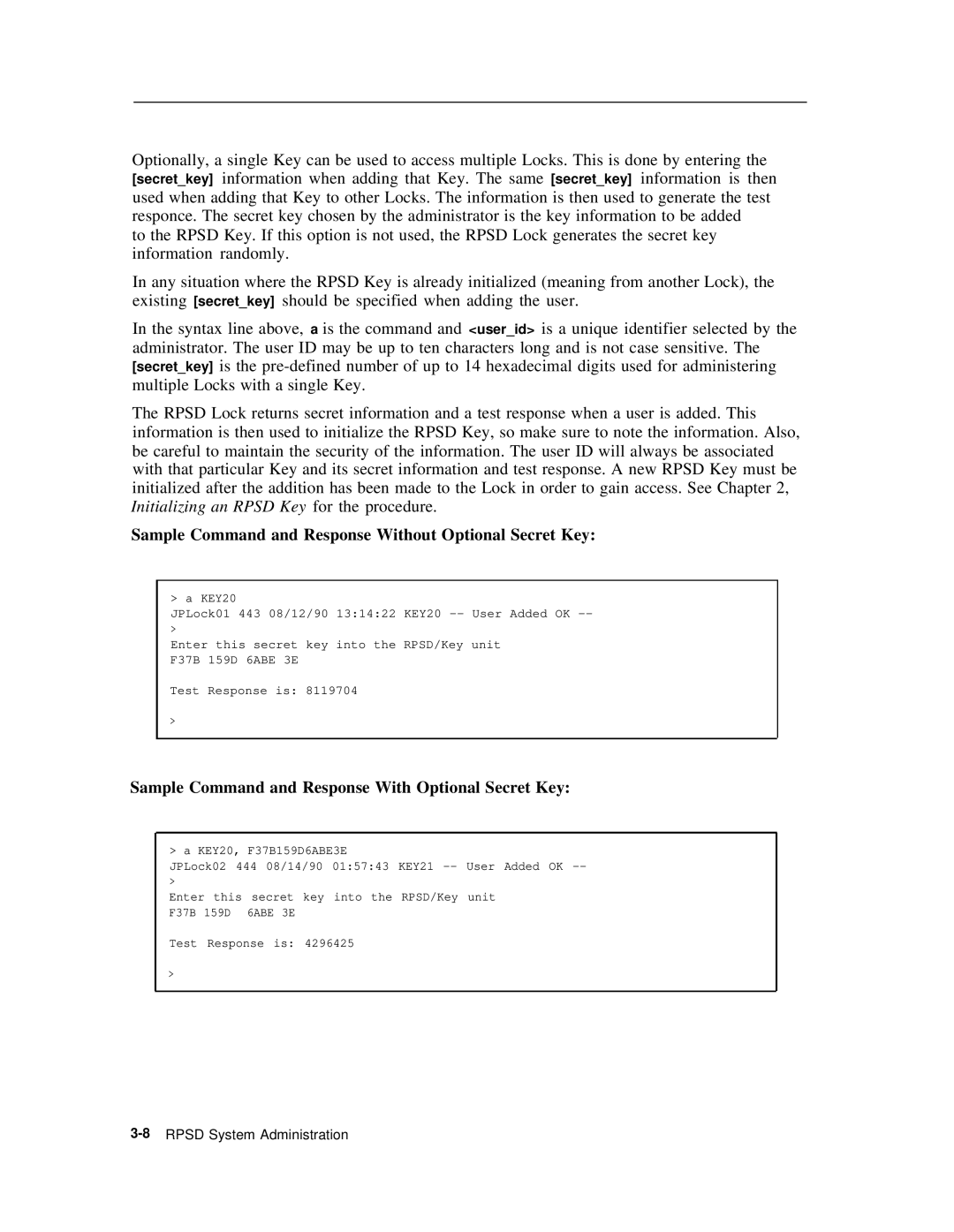 AT&T Remote Port Security Device user manual Sample Command and Response Without Optional Secret Key 