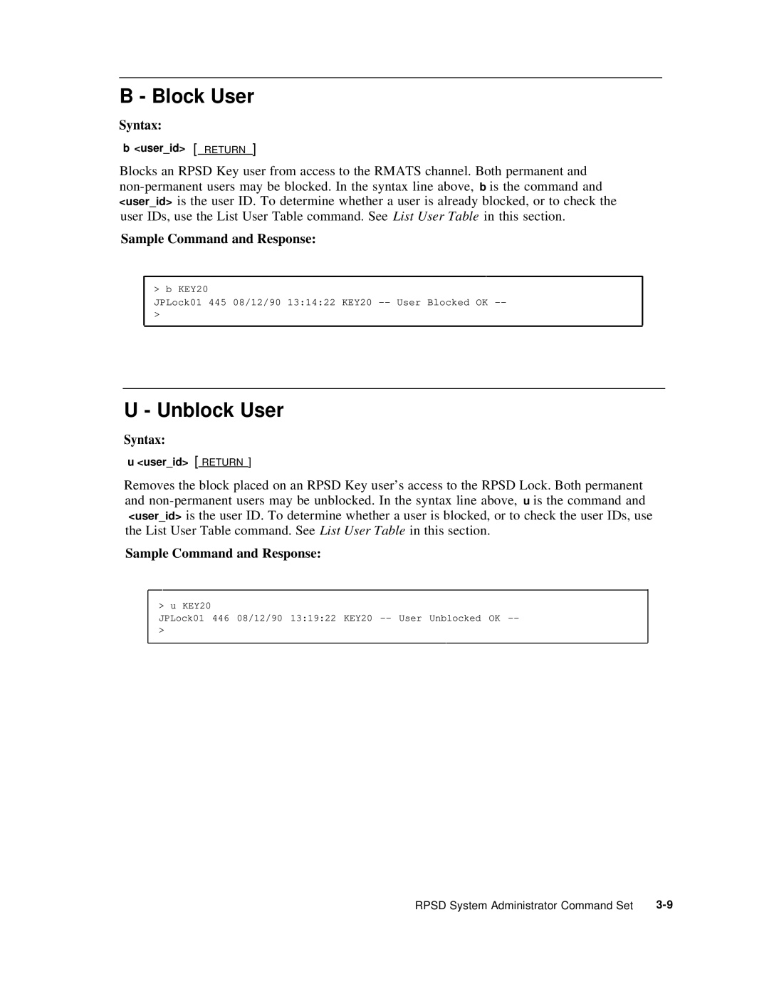 AT&T Remote Port Security Device user manual Block User, Unblock User, Sample Command and Response 