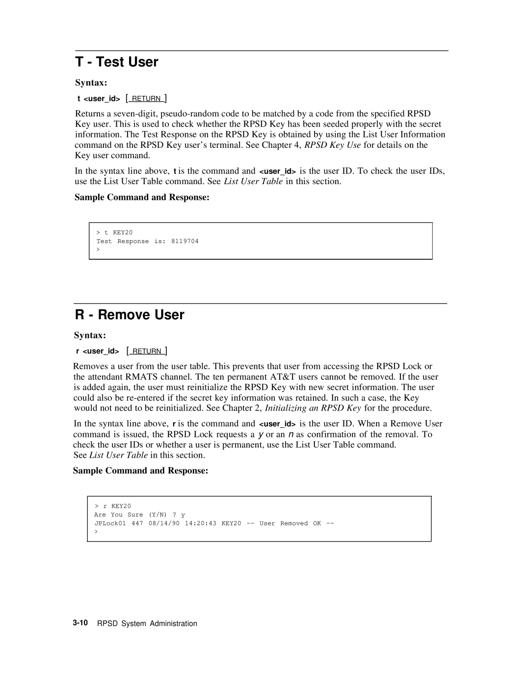 AT&T Remote Port Security Device user manual Test User, Remove User 