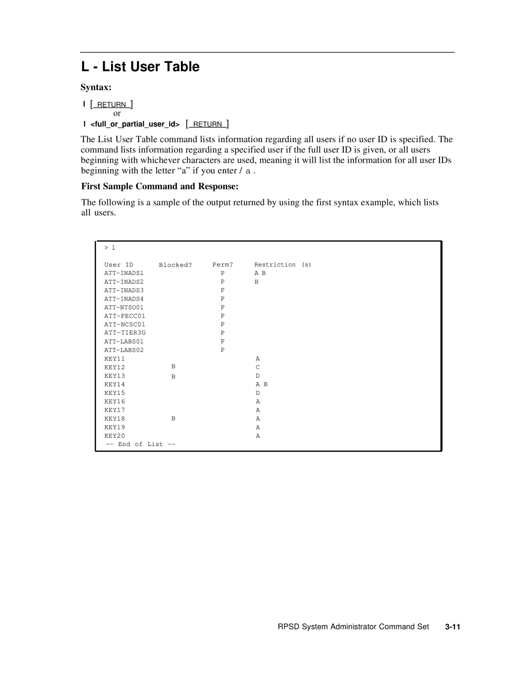 AT&T Remote Port Security Device user manual List User Table, First Sample Command and Response 