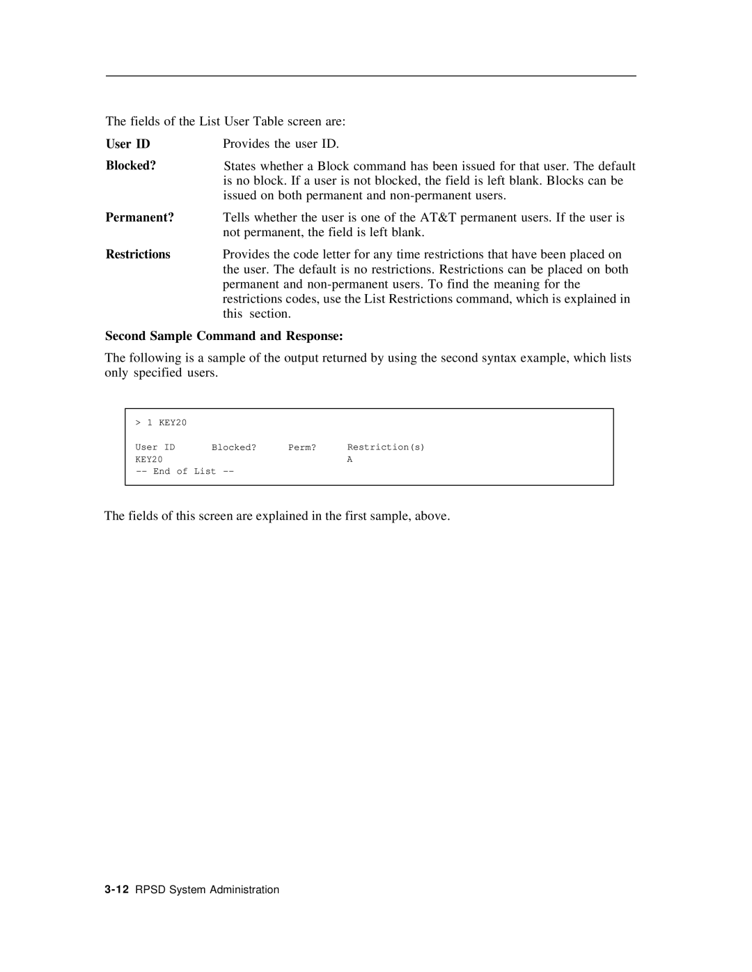 AT&T Remote Port Security Device User ID, Blocked?, Permanent?, Restrictions, Second Sample Command and Response 