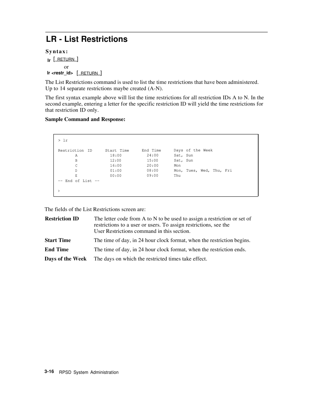 AT&T Remote Port Security Device user manual LR List Restrictions, N t a, Restriction ID, Start Time, End Time 