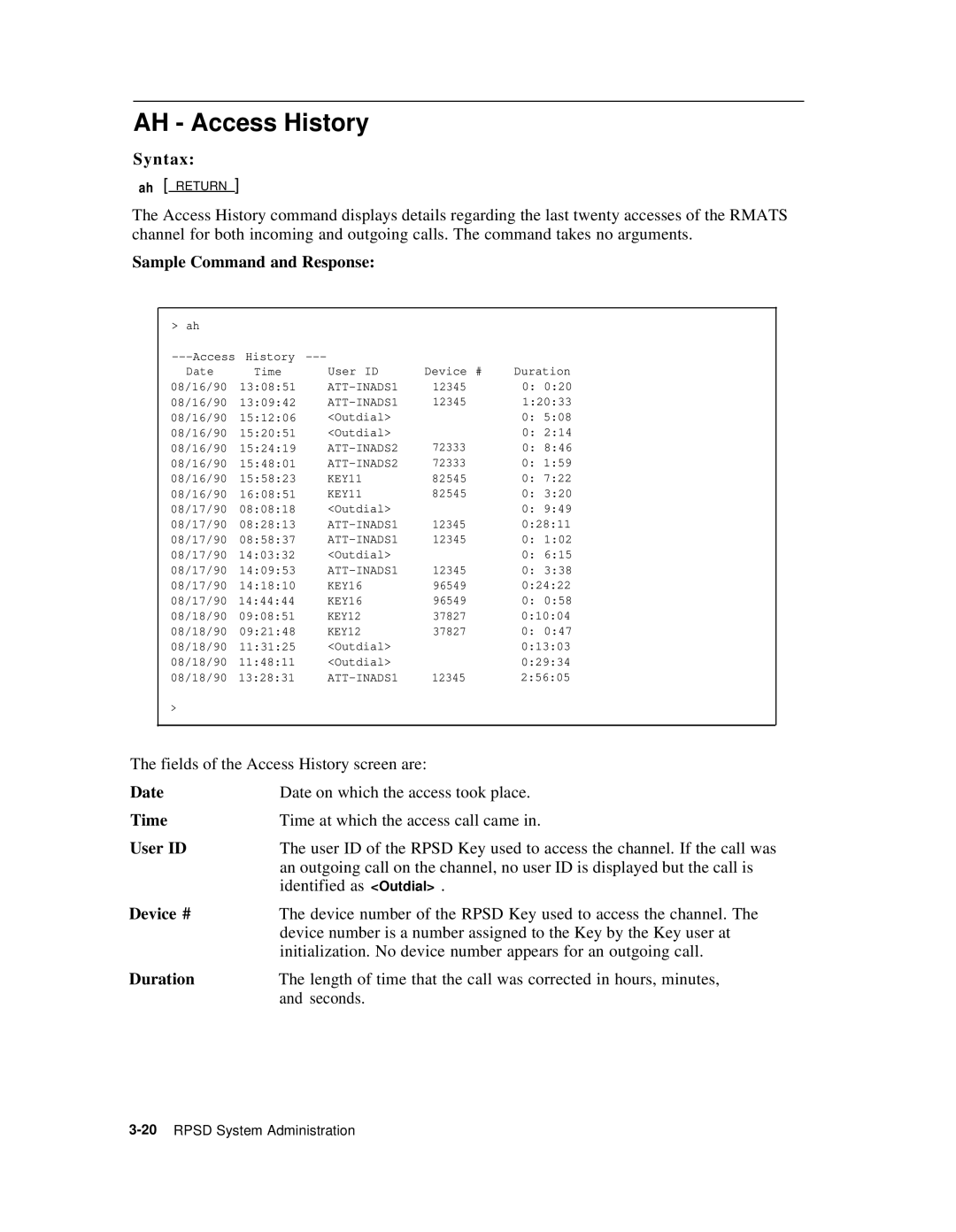 AT&T Remote Port Security Device user manual AH Access History, Device #, Duration 