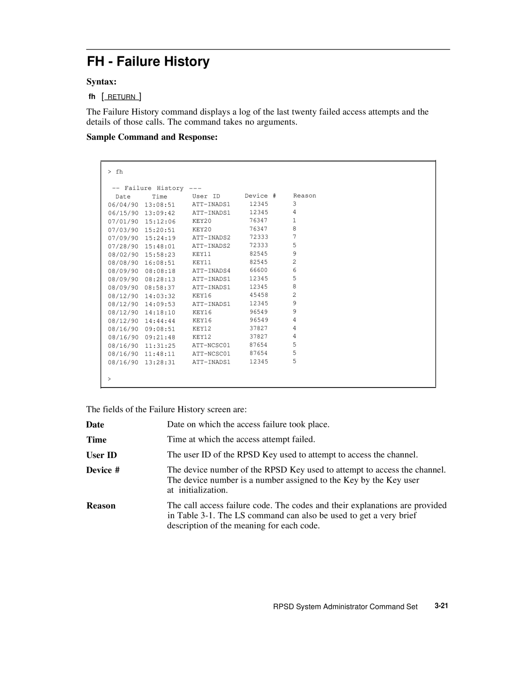 AT&T Remote Port Security Device user manual FH Failure History, Date Time User ID Device #, Reason 