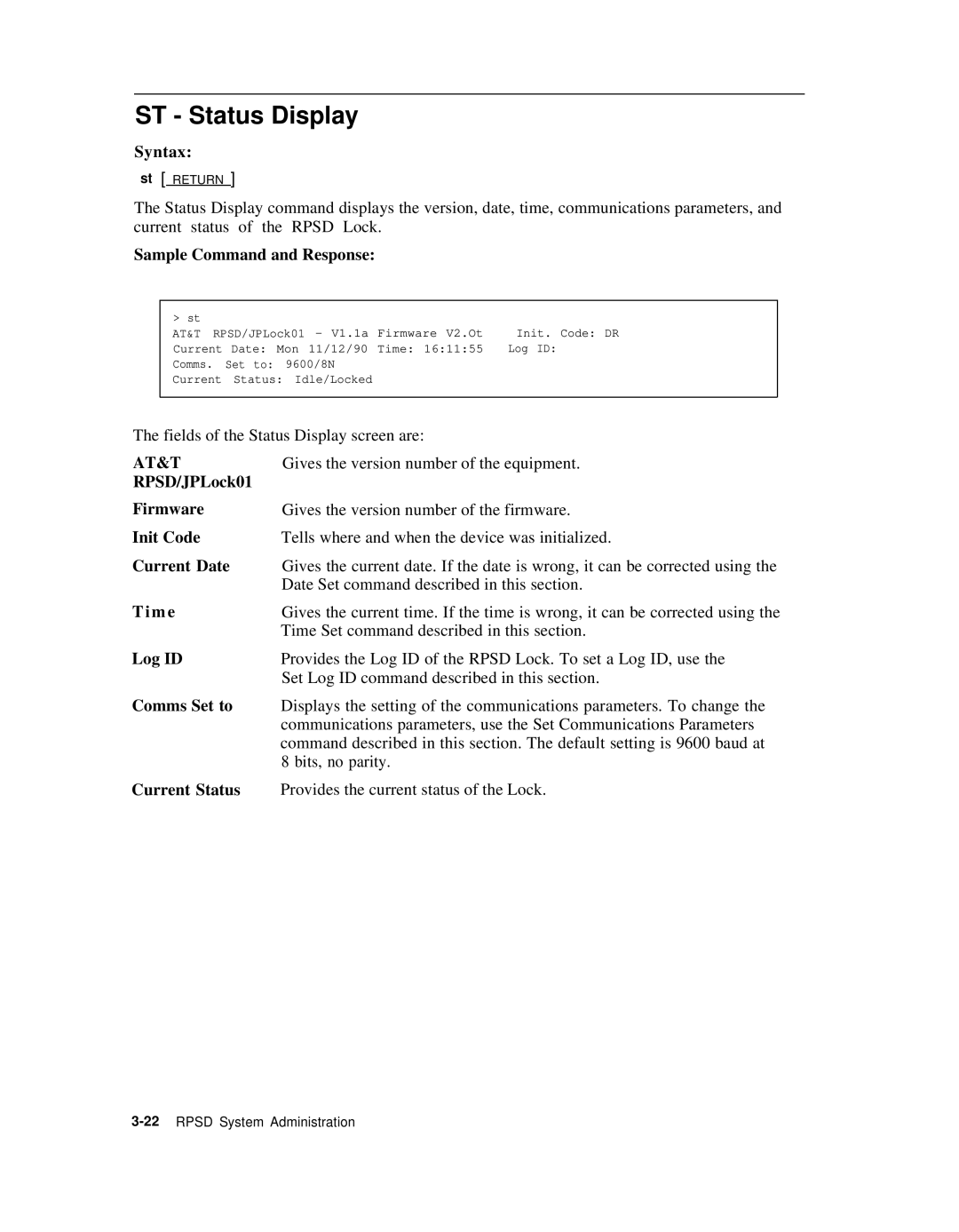 AT&T Remote Port Security Device user manual ST Status Display 