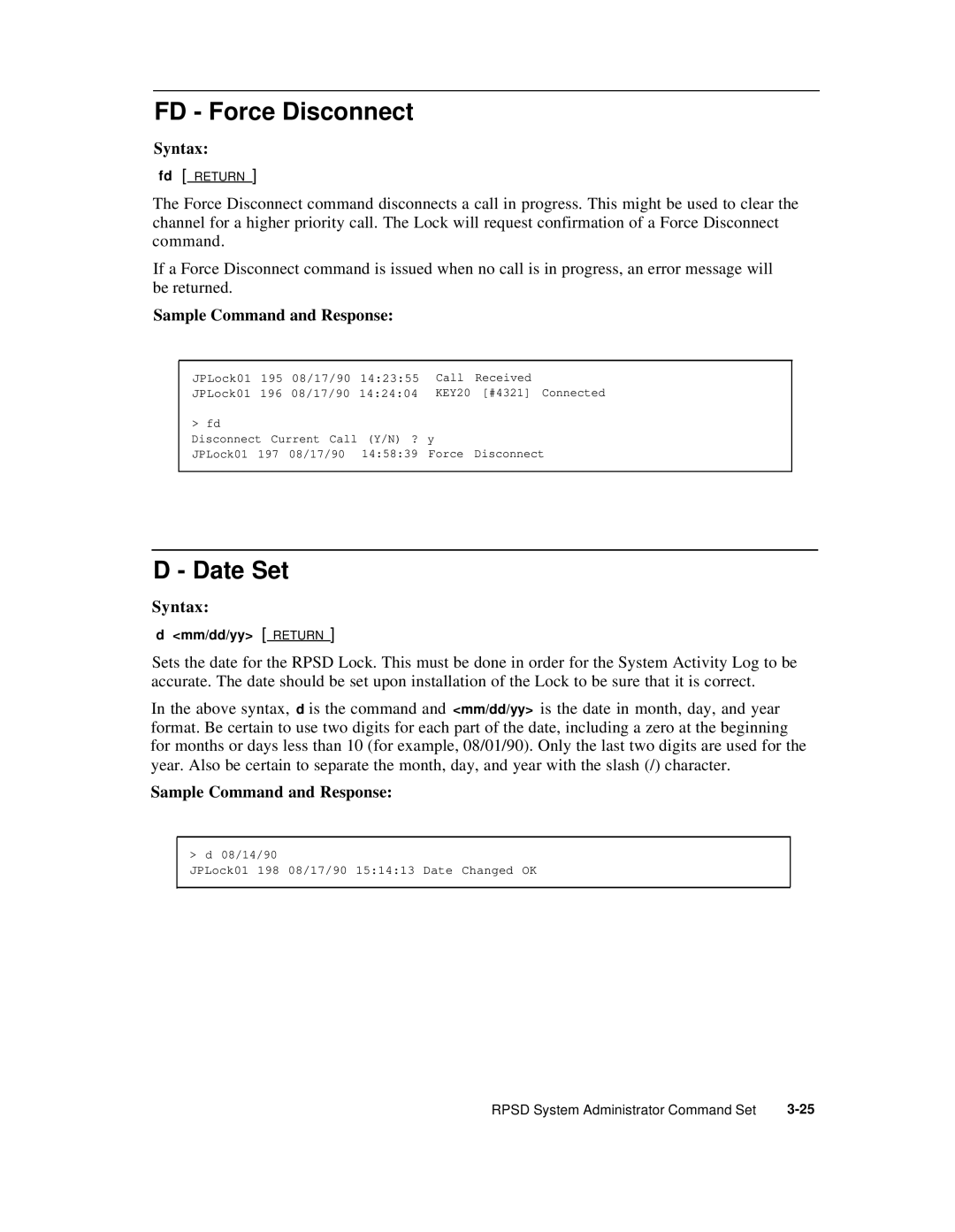 AT&T Remote Port Security Device user manual FD Force Disconnect, Date Set 