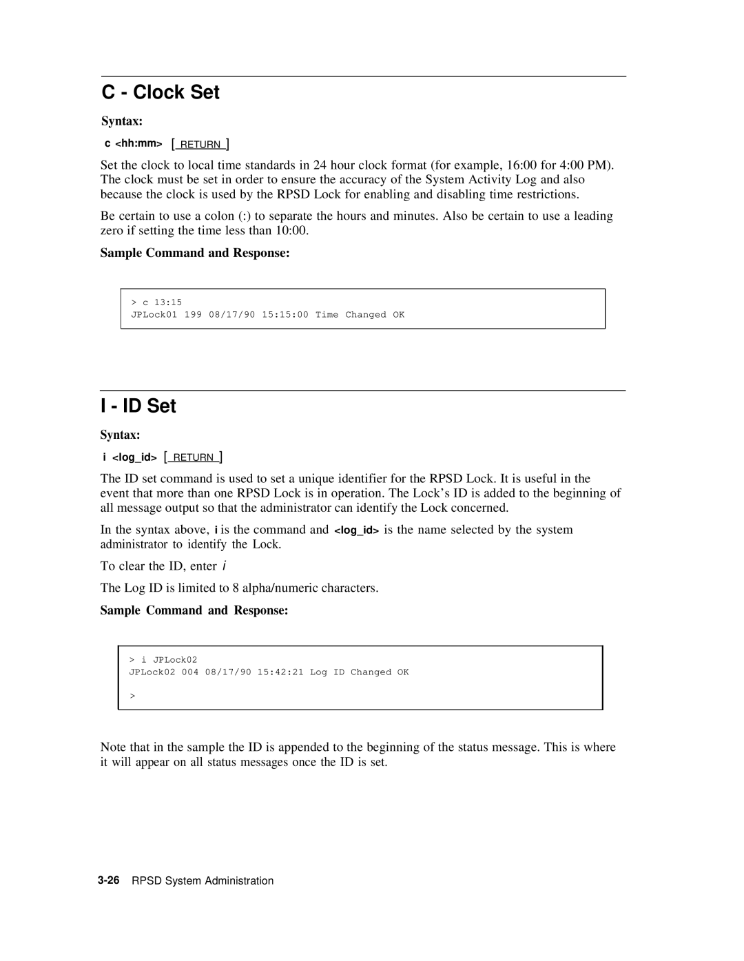 AT&T Remote Port Security Device user manual Clock Set, ID Set 