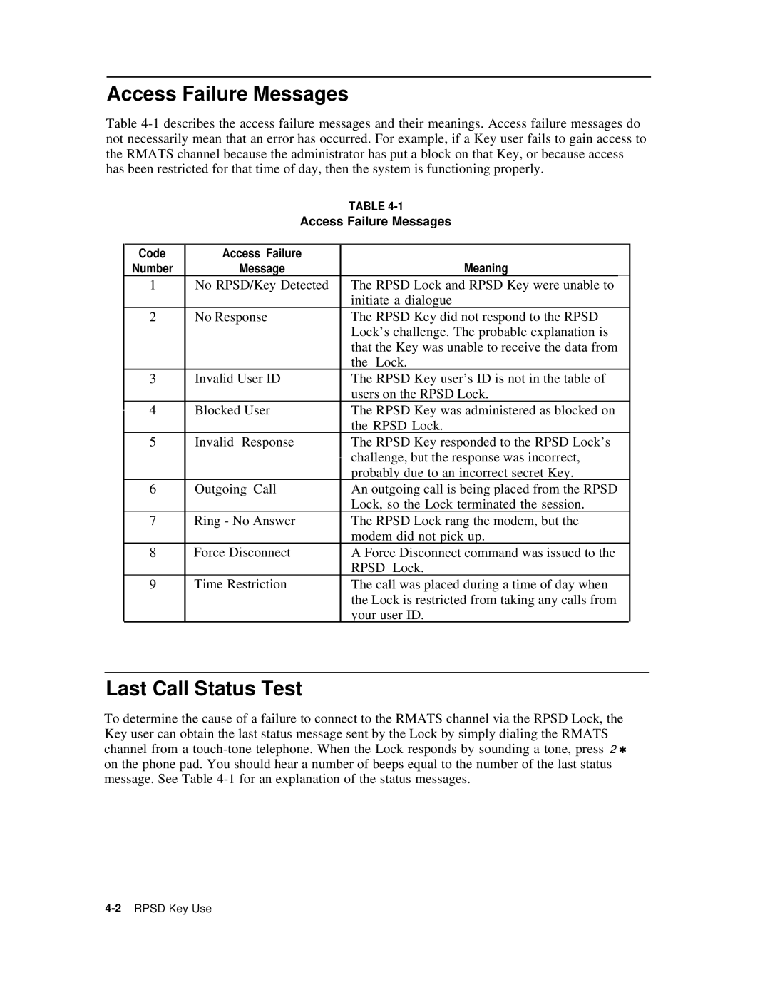 AT&T Remote Port Security Device user manual Access Failure Messages, Last Call Status Test 