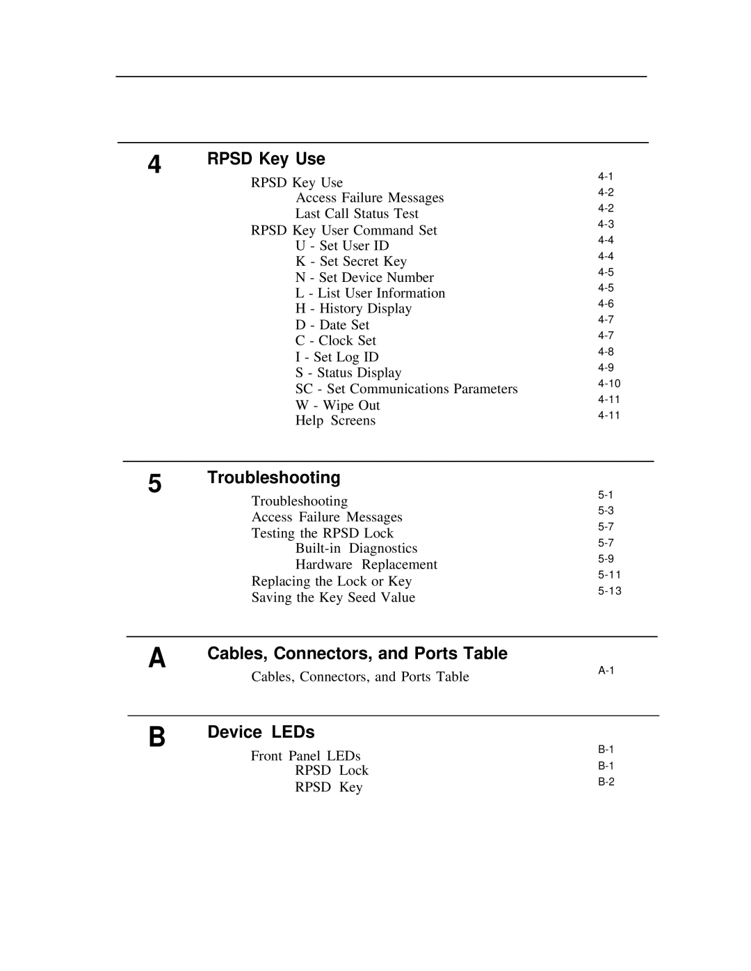 AT&T Remote Port Security Device Rpsd Key Use, Troubleshooting, Cables, Connectors, and Ports Table, Device LEDs 