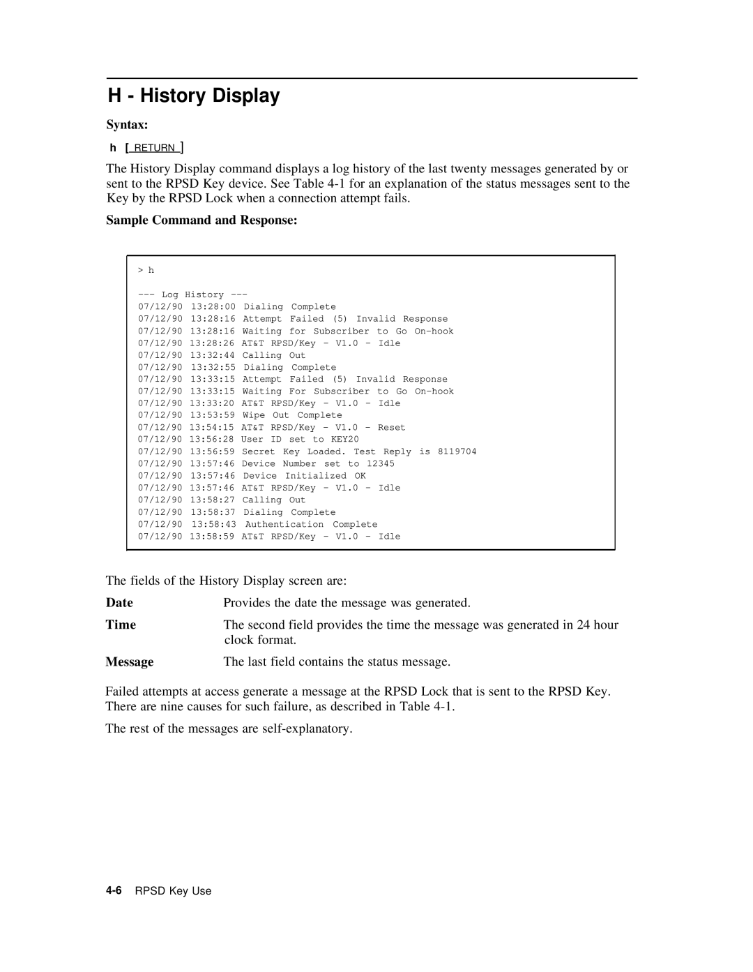 AT&T Remote Port Security Device user manual History Display, Date 