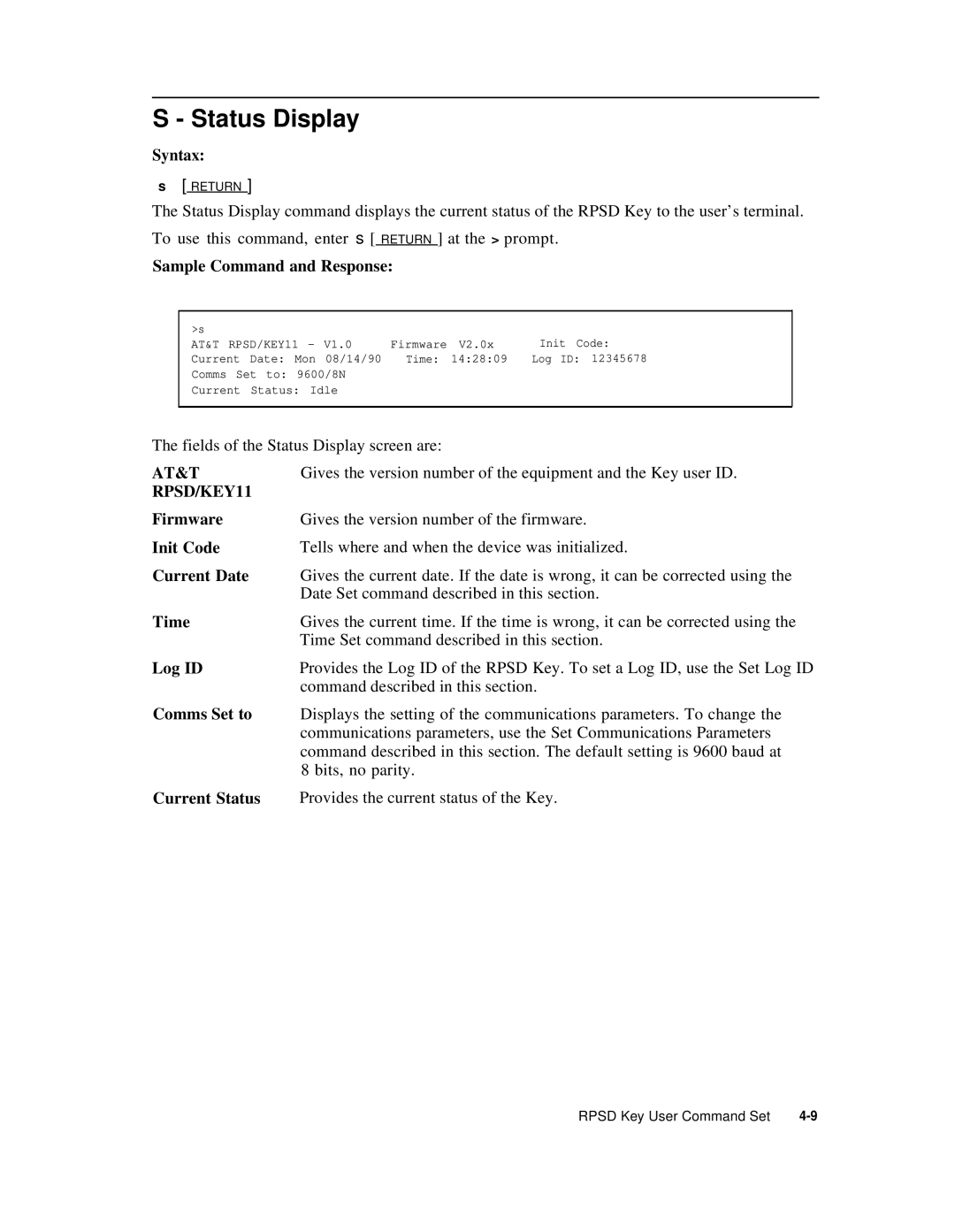 AT&T Remote Port Security Device user manual Status Display, RPSD/KEY11 