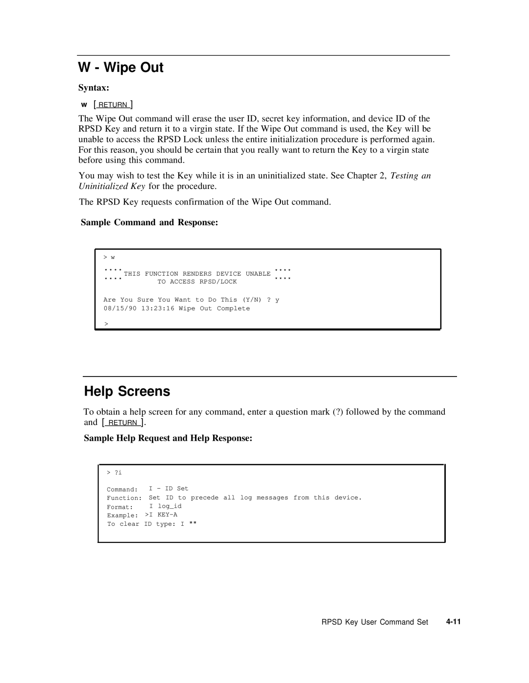 AT&T Remote Port Security Device user manual Wipe Out, Help Screens 