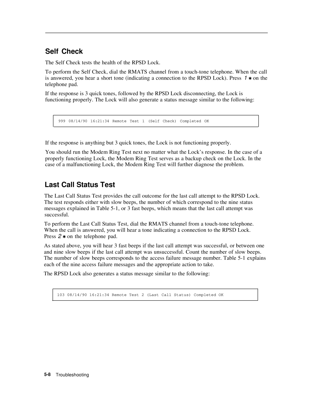 AT&T Remote Port Security Device user manual Self Check, Last Call Status Test 