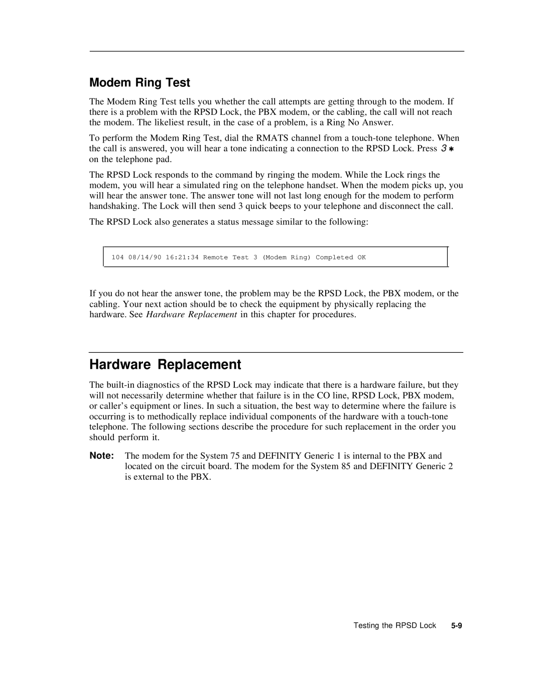 AT&T Remote Port Security Device user manual Hardware Replacement, Modem Ring Test 