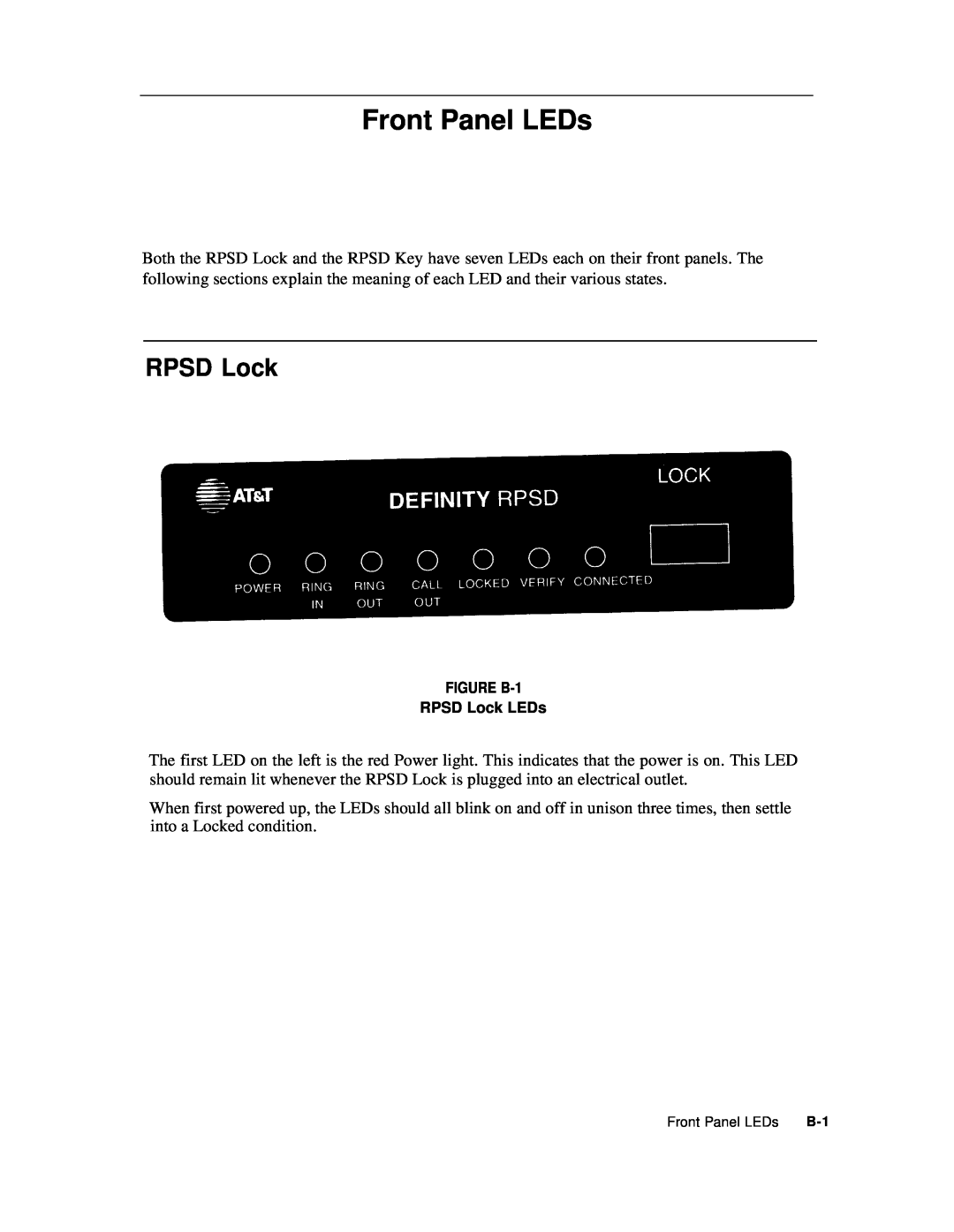 AT&T Remote Port Security Device user manual Front Panel LEDs, FIGURE B-1 RPSD Lock LEDs 