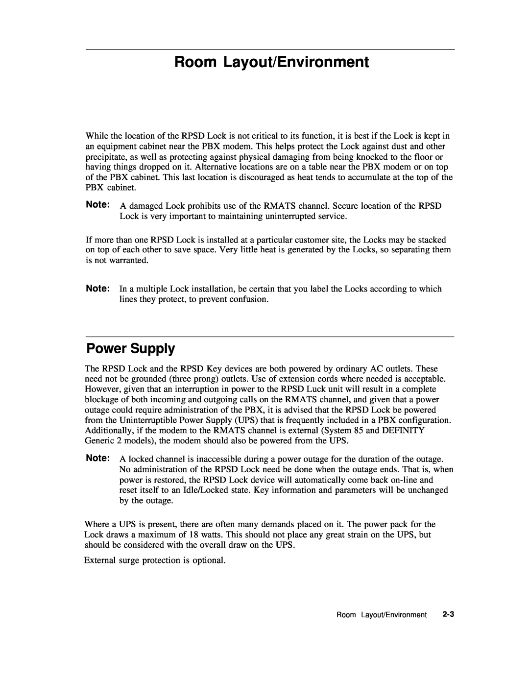 AT&T Remote Port Security Device user manual Room Layout/Environment, Power Supply 