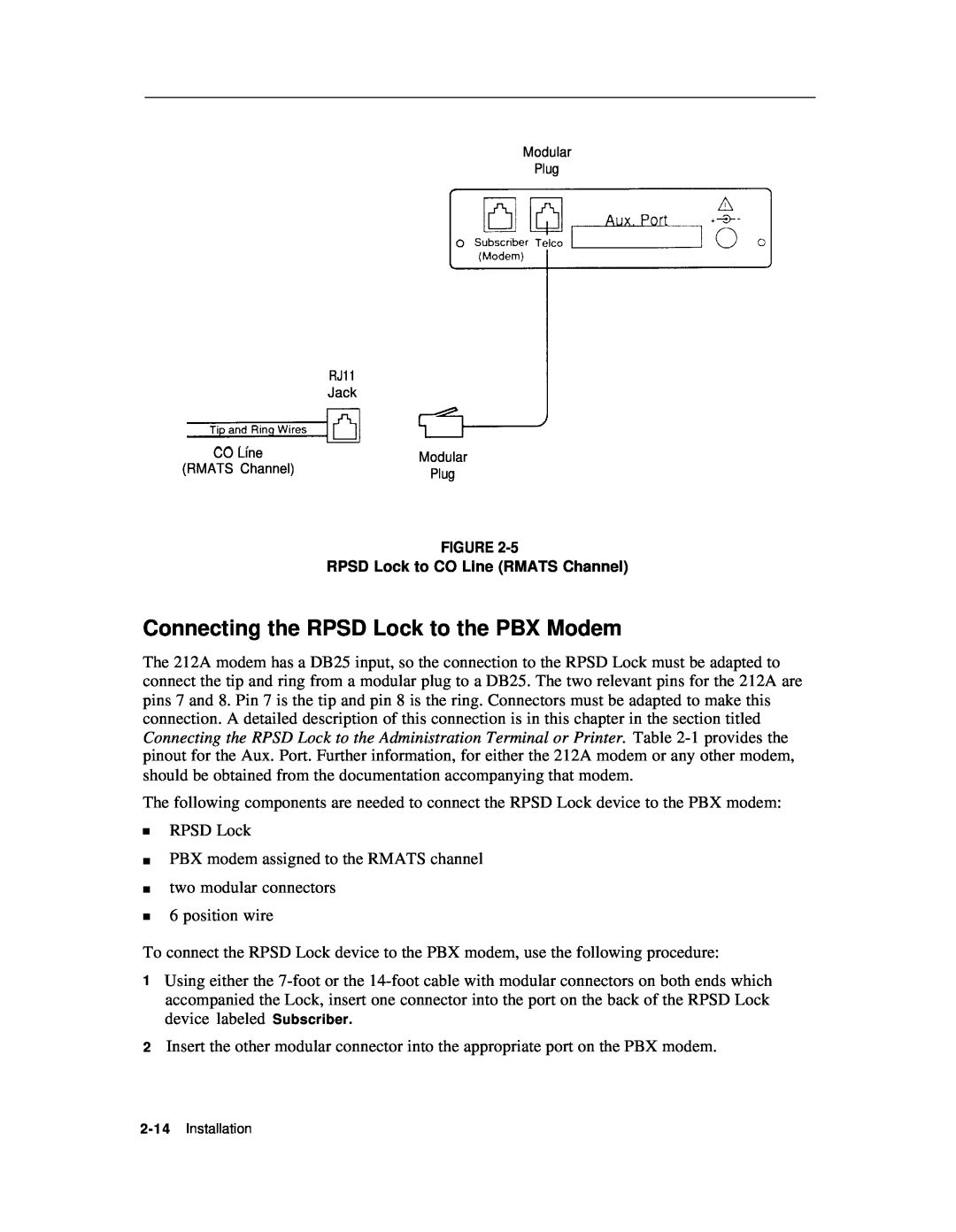 AT&T Remote Port Security Device user manual Connecting the RPSD Lock to the PBX Modem 