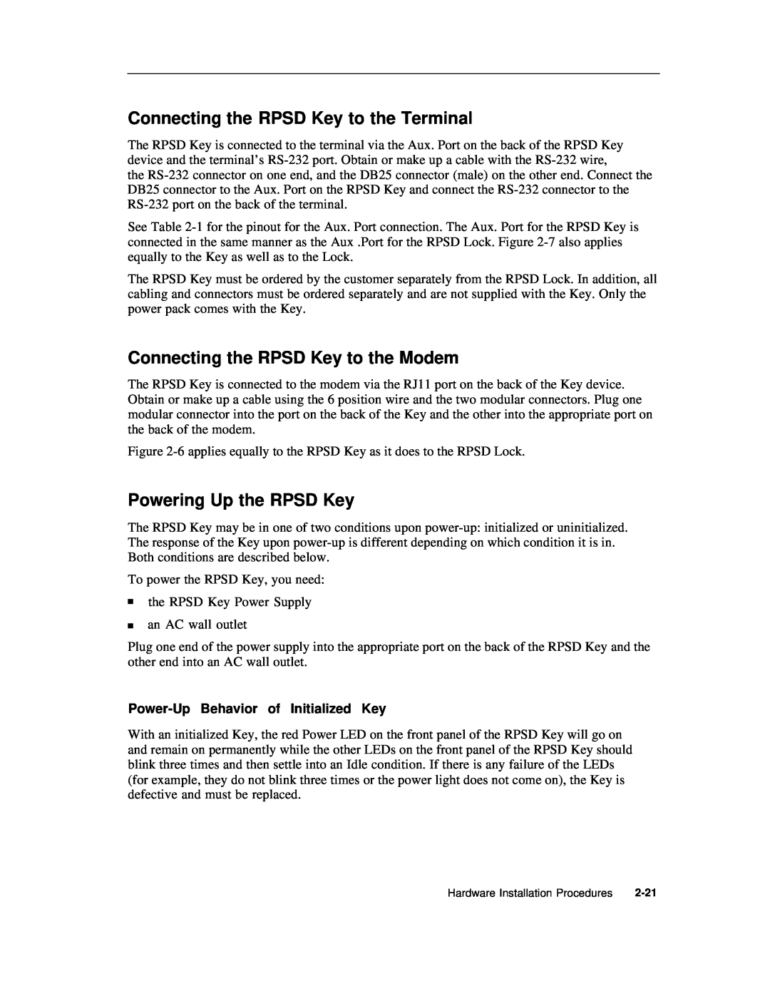 AT&T Remote Port Security Device user manual Connecting the RPSD Key to the Terminal, Connecting the RPSD Key to the Modem 