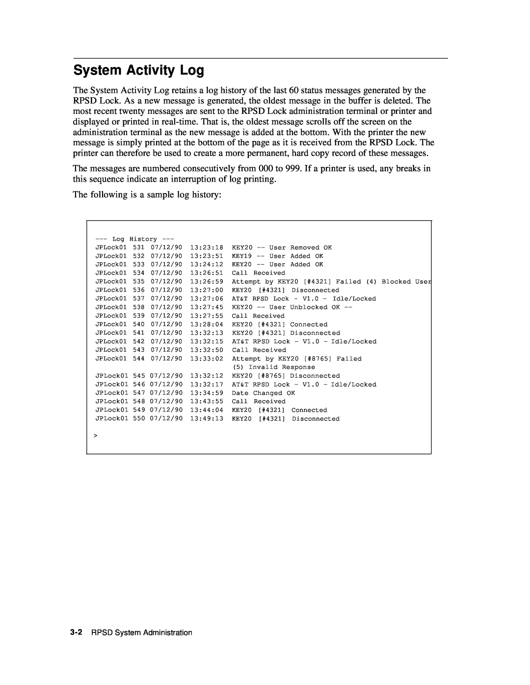 AT&T Remote Port Security Device user manual System Activity Log 