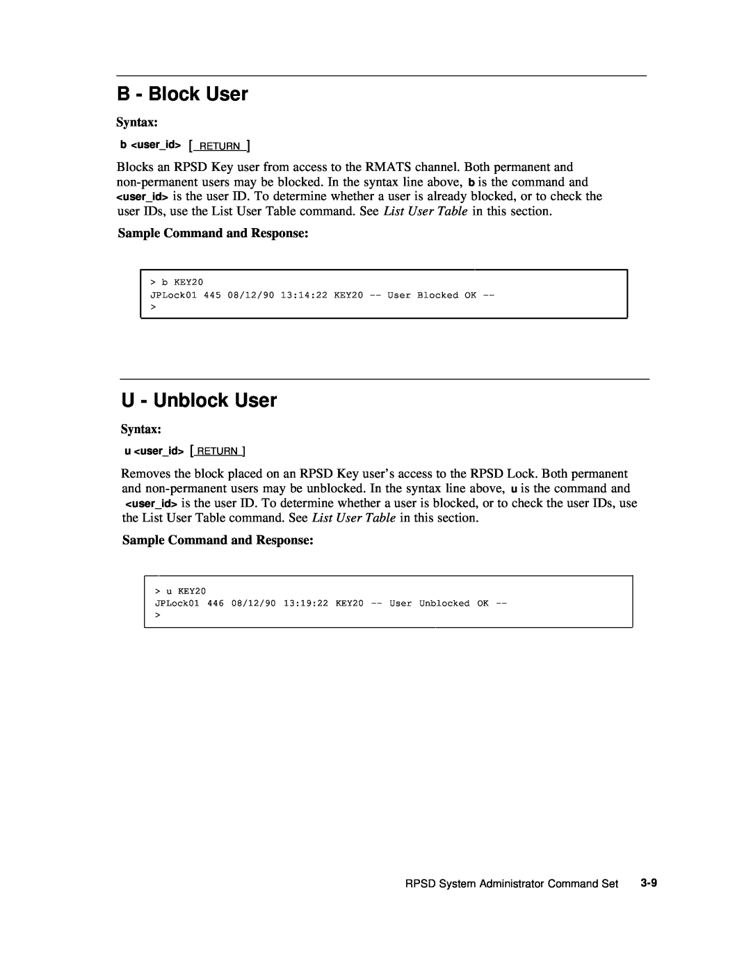 AT&T Remote Port Security Device user manual B - Block User, U - Unblock User, b userid RETURN, u userid RETURN 