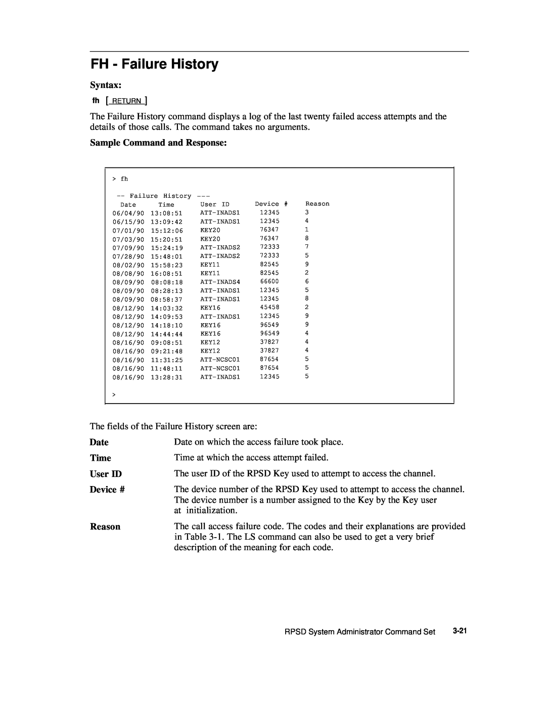 AT&T Remote Port Security Device user manual FH - Failure History 
