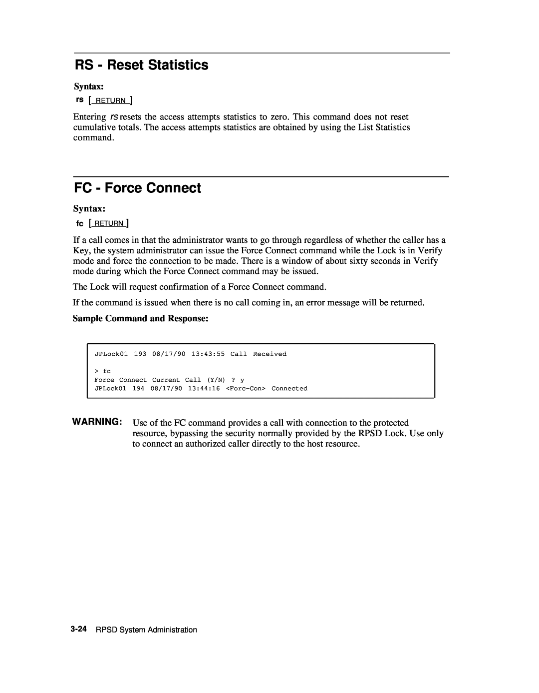 AT&T Remote Port Security Device user manual RS - Reset Statistics, FC - Force Connect 