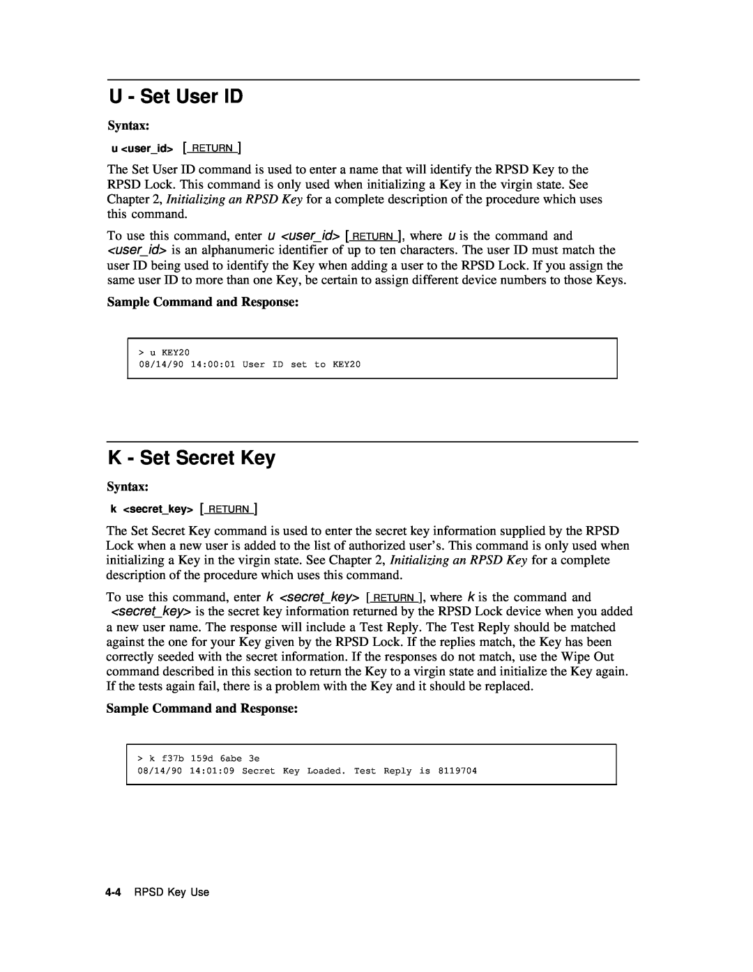 AT&T Remote Port Security Device user manual U - Set User ID, K - Set Secret Key, RPSD Key Use 