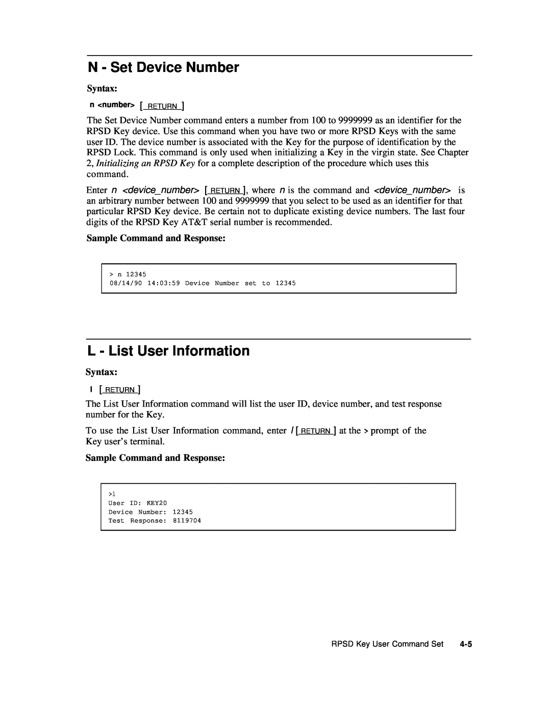 AT&T Remote Port Security Device user manual N - Set Device Number, L - List User Information, n number RETURN 