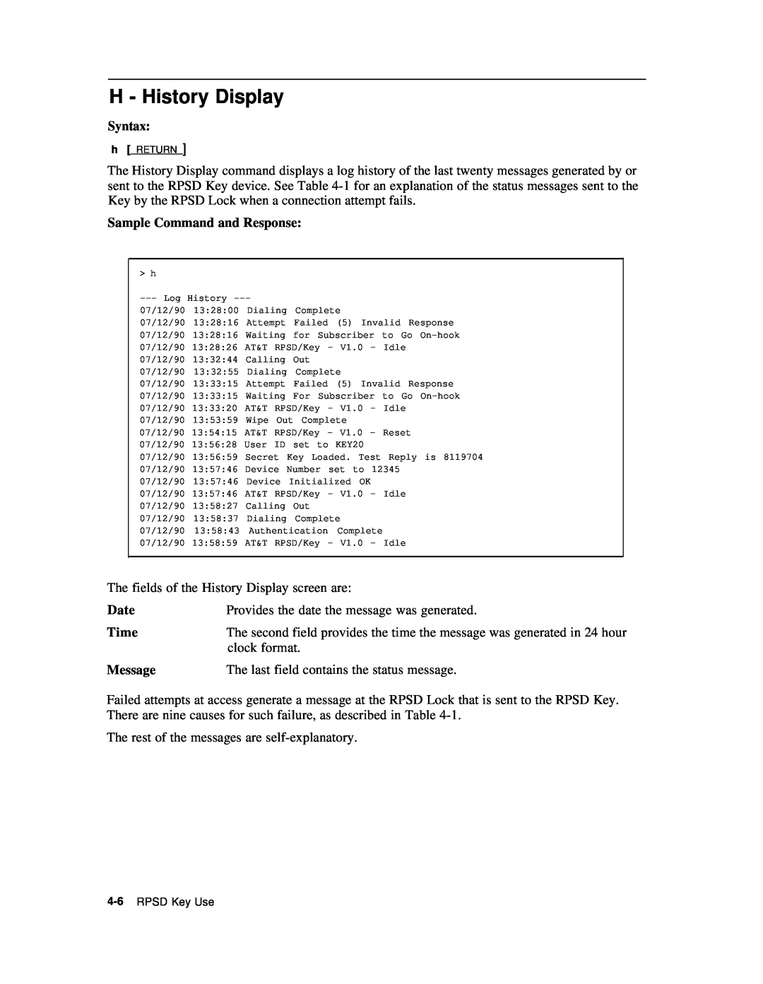 AT&T Remote Port Security Device user manual H - History Display 