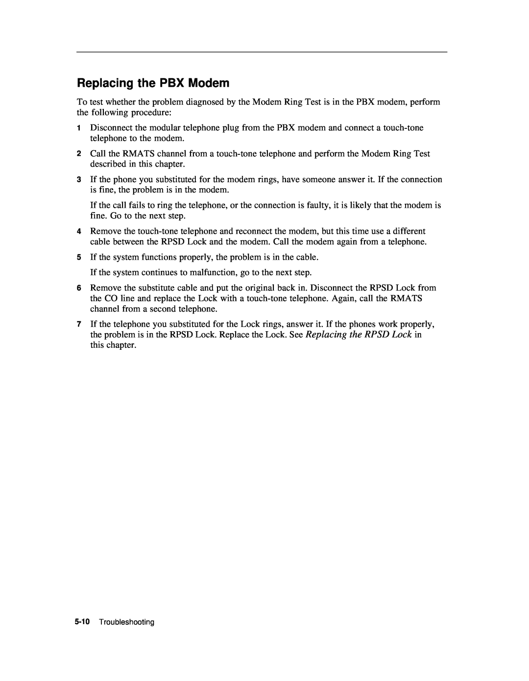 AT&T Remote Port Security Device user manual Replacing the PBX Modem, Troubleshooting 