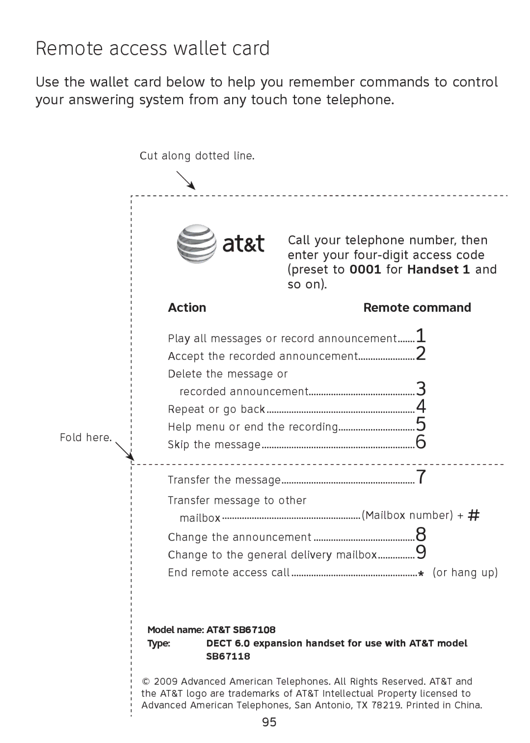 AT&T SB67108 user manual Remote access wallet card, Action Remote command 