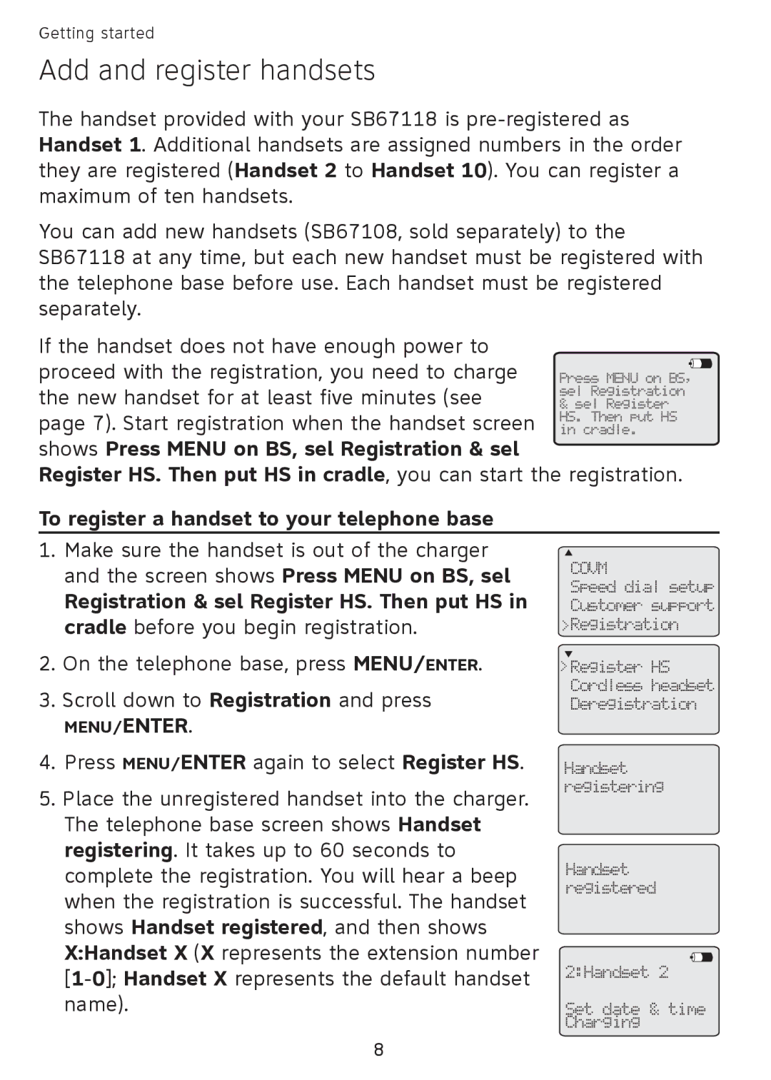 AT&T SB67108 user manual Add and register handsets, Registration & sel Register HS. Then put HS 