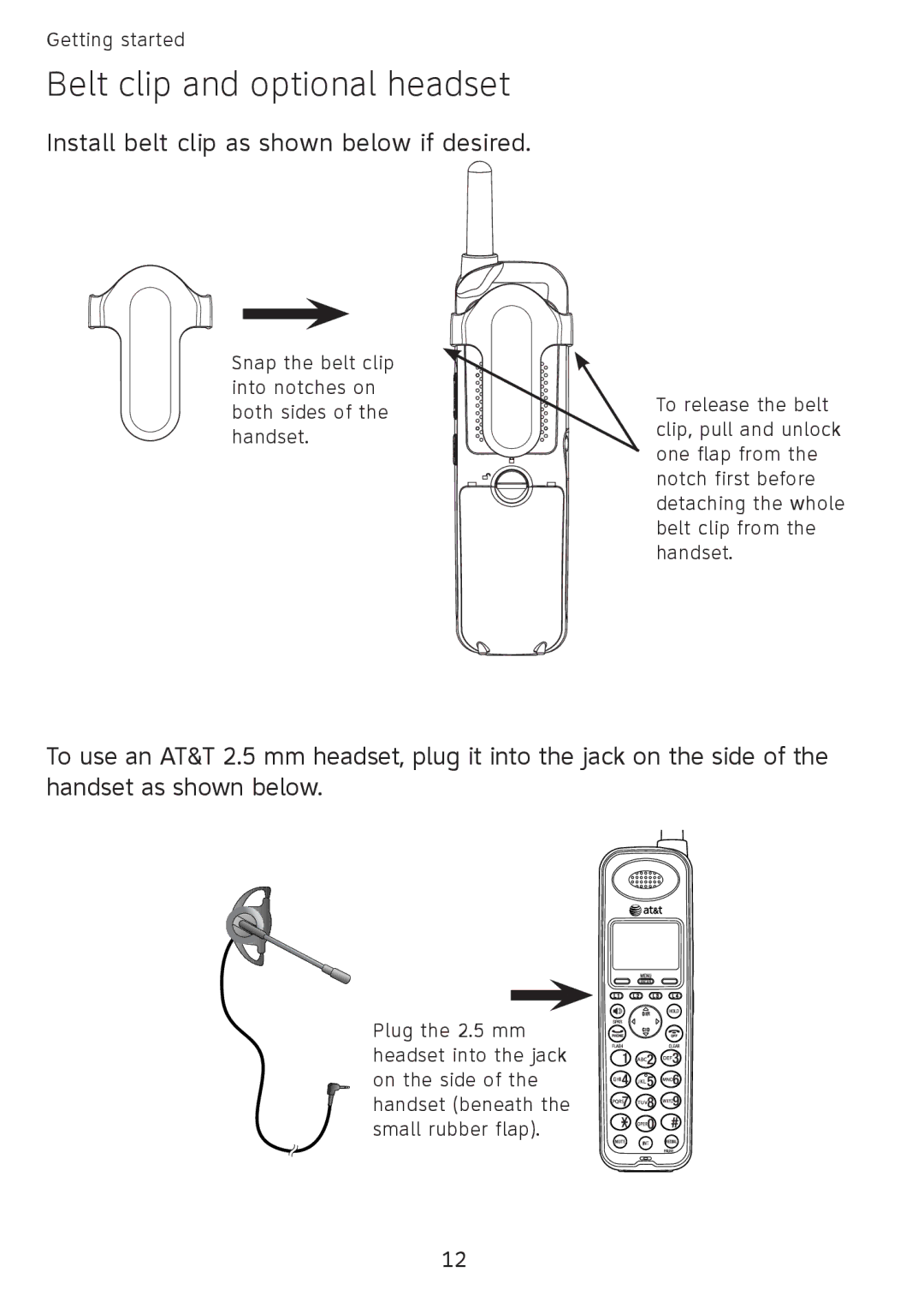 AT&T SB67108 user manual Belt clip and optional headset, Install belt clip as shown below if desired 